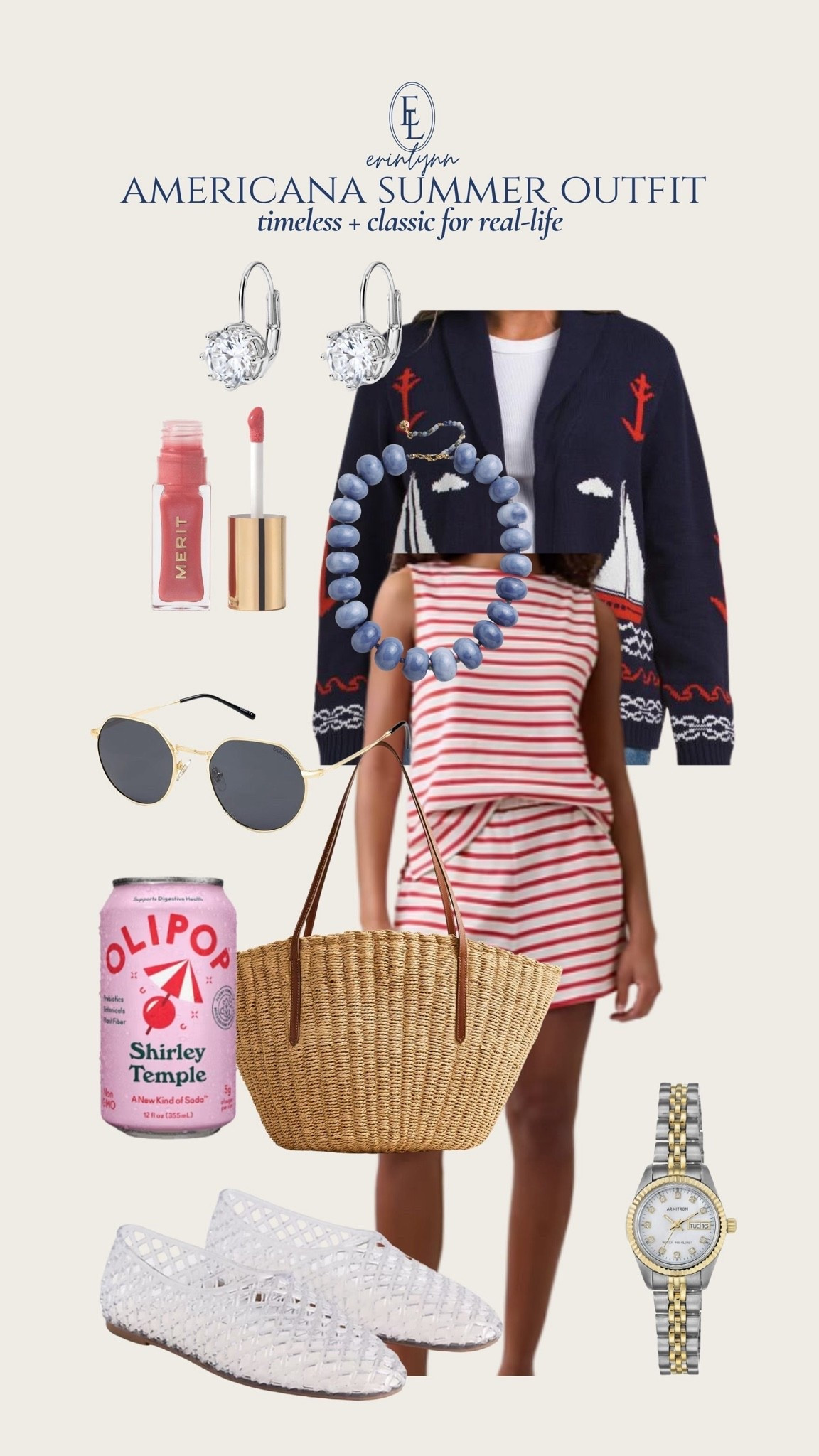 My ideal americana summer outfit. Red striped matching set, navy sailboat sweater, jelly flats, straw tote, and classic accessories that make everything feel timeless.
@Electric Picks Jewelry
americana style • coastal grandmother • 90s mom style • classic summer outfit • red stripe set • preppy summer style • jelly flats • straw tote • timeless fashion • coastal style • summer capsule wardrobe • nautical style • classic mom style • effortless summer outfits • old money summer • vacation outfits • real life style
