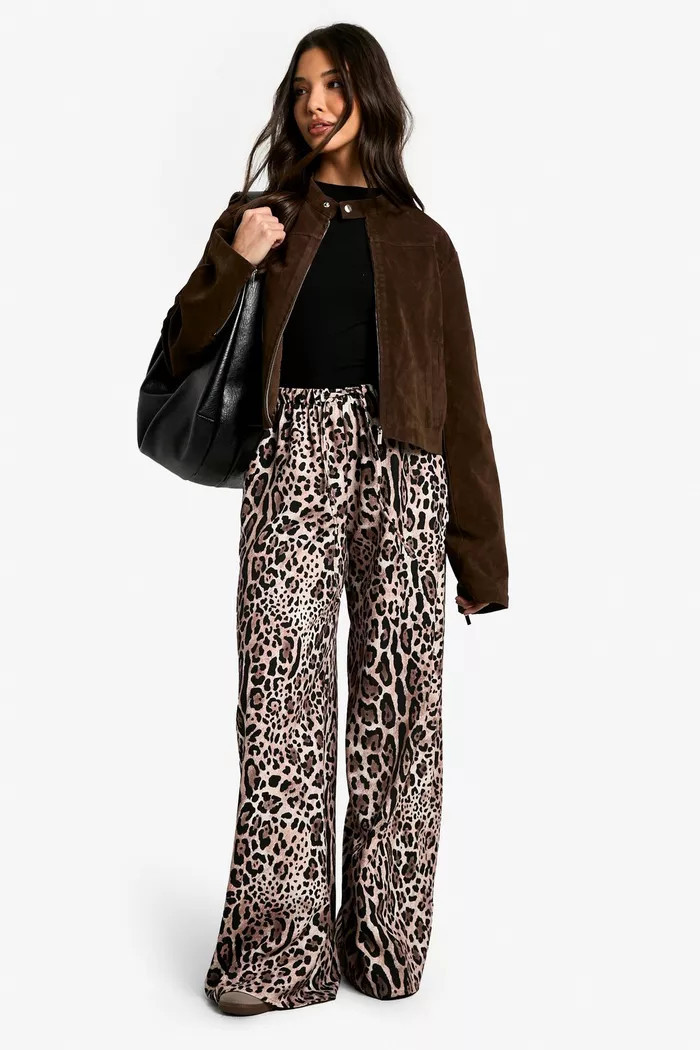 Leopard Drawstring Waist Wide Leg Trousers | Boohoo.com (UK & IE)