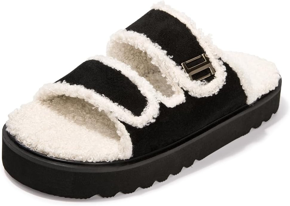 FUNKYMONKEY Women's Comfort Fur Slippers Double Buckle Adjustable with Cozy Lining,Faux Fur Cork ... | Amazon (US)