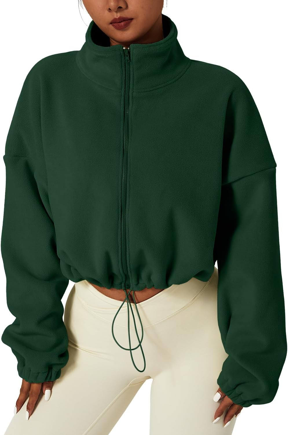 QINSEN Women's Full Zip Fleece Short Jacket Warm Winter Long Sleeve Stand Collar Sherpa Crop Coat | Amazon (US)