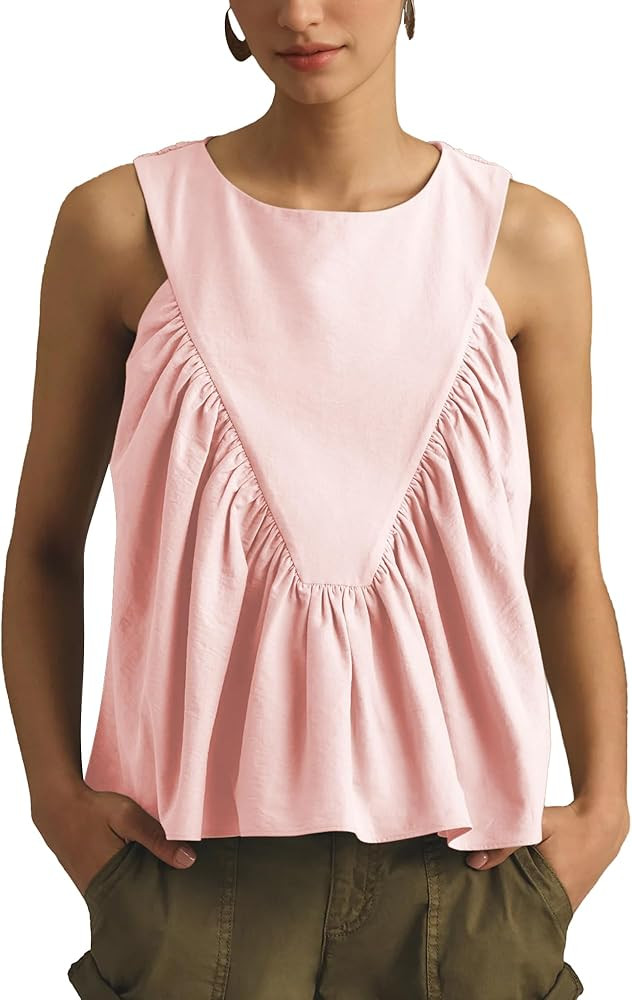 Hixiaohe Shirred Swing Tank Tops for Women Fashion Flowy Sleeveless Shirts Casual Crew Neck Blous... | Amazon (US)