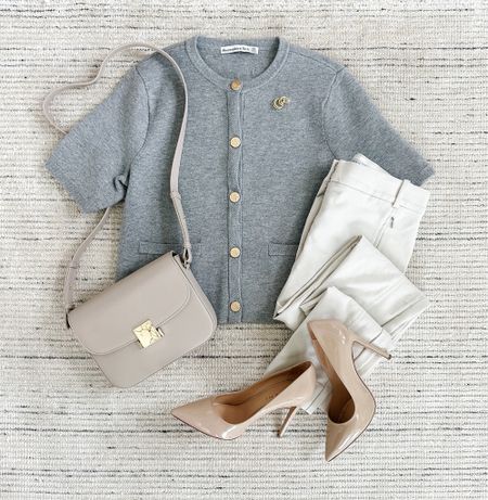 Spring workwear with gray button up that is on sale for 15% off paired with cream pants and pumps for a chic look. Use code HKCUNG for 20% off the pants for new customers! 

#LTKStyleTip #LTKWorkwear #LTKSaleAlert