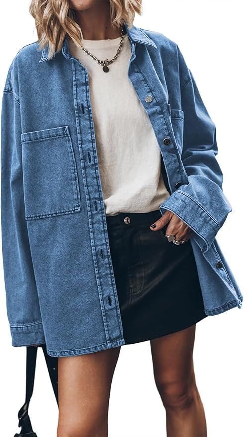 PLNOTME Womens Oversized Jean Jacket Casual Button Up Denim Overshirt Trendy Long Sleeve Denim Ja... | Amazon (US)