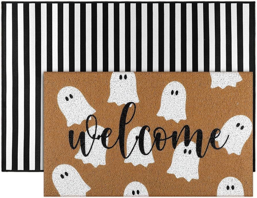 2 Pcs Fall Doormat Hello Pumpkin Non Slip Outdoor Mat Halloween Christmas Floor Mats Welcome Ghos... | Amazon (US)