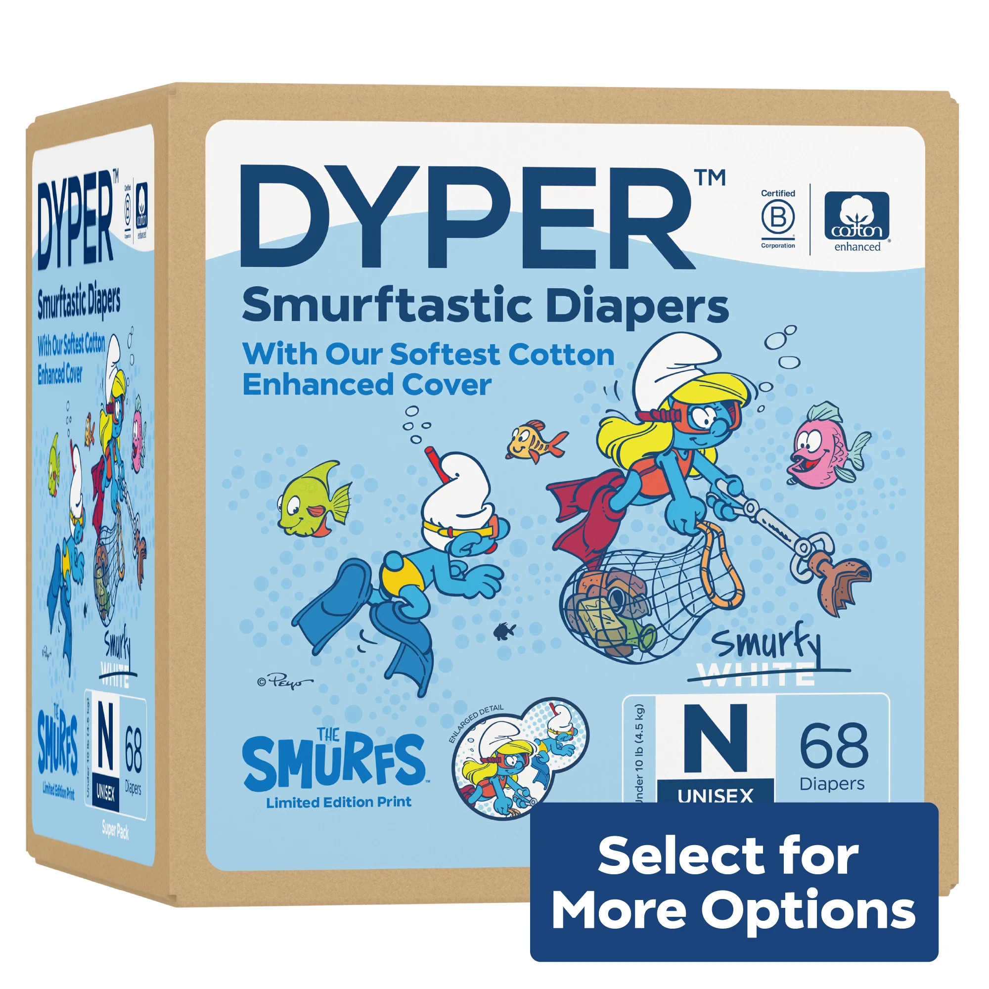 DYPER Cotton-Enhanced Diapers Smurfs Edition, Size Newborn, 68 Count (Select for More Options) | Walmart (US)