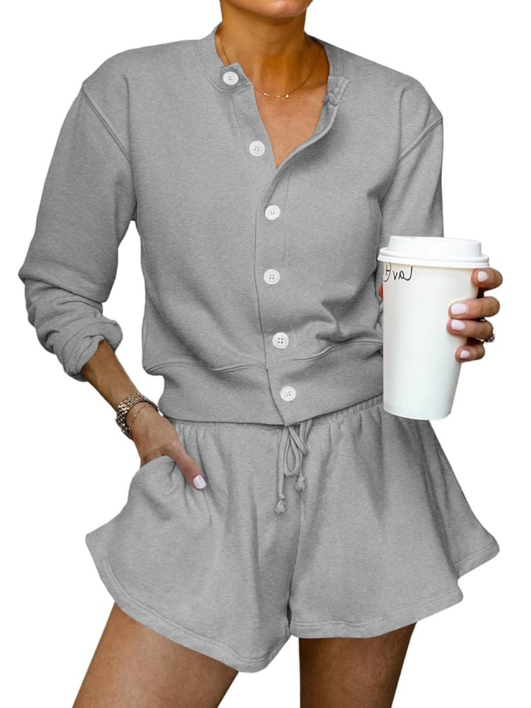 Tankaneo Womens 2 Piece Outfits Sweatsuit Button Down Tops and Shorts Casual Matching Lounge Set ... | Amazon (US)