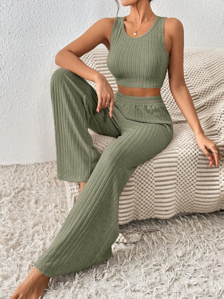 SHEIN Frenchy Solid Crop Tank Top & Wide Leg Pants | SHEIN