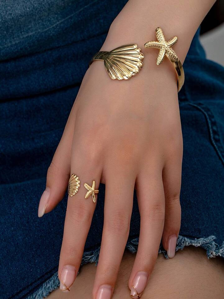 1pc Seastar Shell Metal Bangle + 1pc Adjustable Open Ring Beach Vacation Style Retro Fashion Gift... | SHEIN