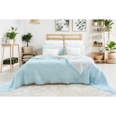 Muslin Blanket 4 Layers, Soft Bedspread, 100% Turkish Cotton Baby Blue Muslin Bed Cover, 95 x 102 in | Target