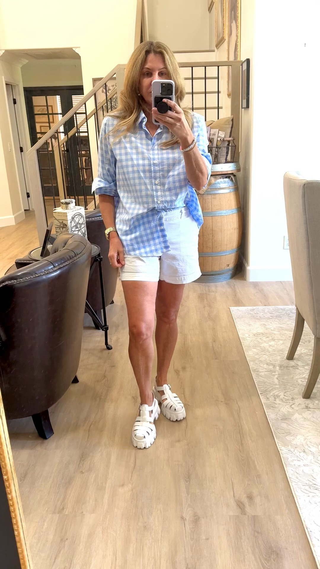 Spring Outfit. Gingham top paired with classic white shorts. 

#LTKMidsize #LTKOver40 #LTKmomlife