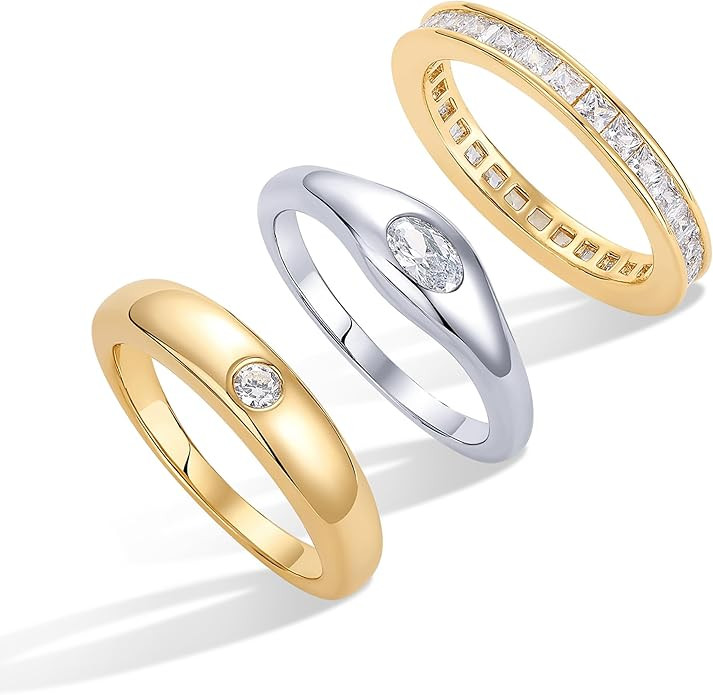 PAVOI 14K Gold Plated Stackable Rings for Women - Dainty Stackable Gold Ring Set of Three with Cu... | Amazon (US)