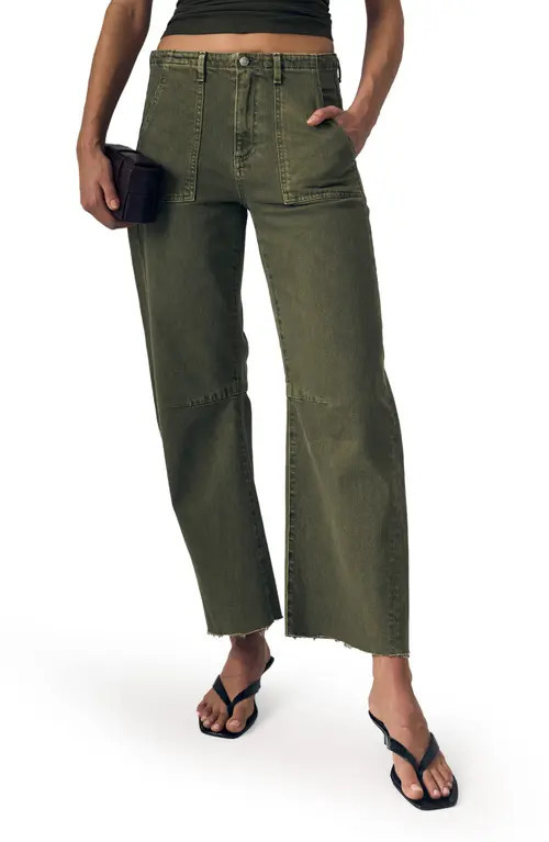 LE JEAN Raw Hem Barrel Utility Jeans in Olive Green at Nordstrom, Size 27 | Nordstrom