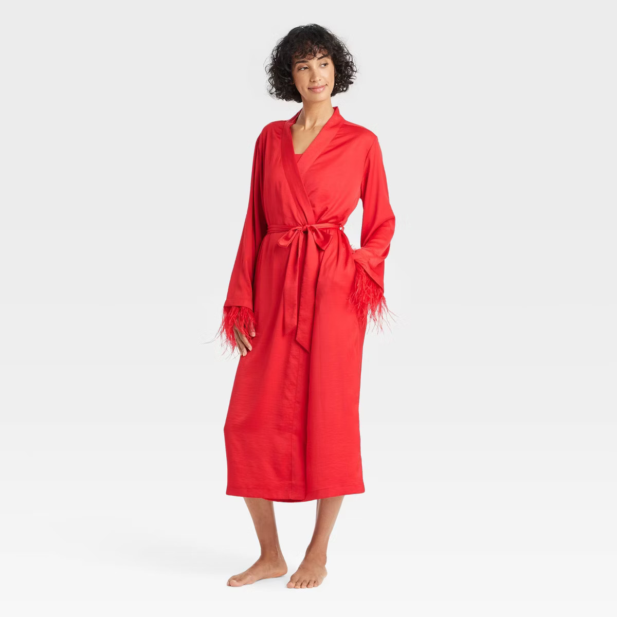 Women's Satin & Feather Robe - Auden™ Red XS/S | Target