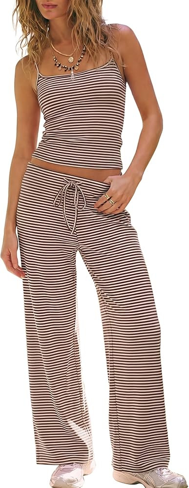 Darong Women's 2 Piece Matching Lounge Set Striped Sleeveless Top Wide Leg Pants 2026 Travel Clot... | Amazon (US)