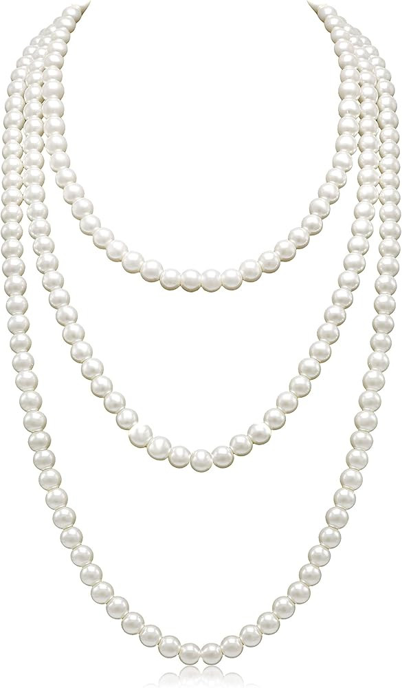Long Pearl Necklaces for Women Cream White Faux Pearl Strand Layered Necklace Costume Jewelry | Amazon (US)