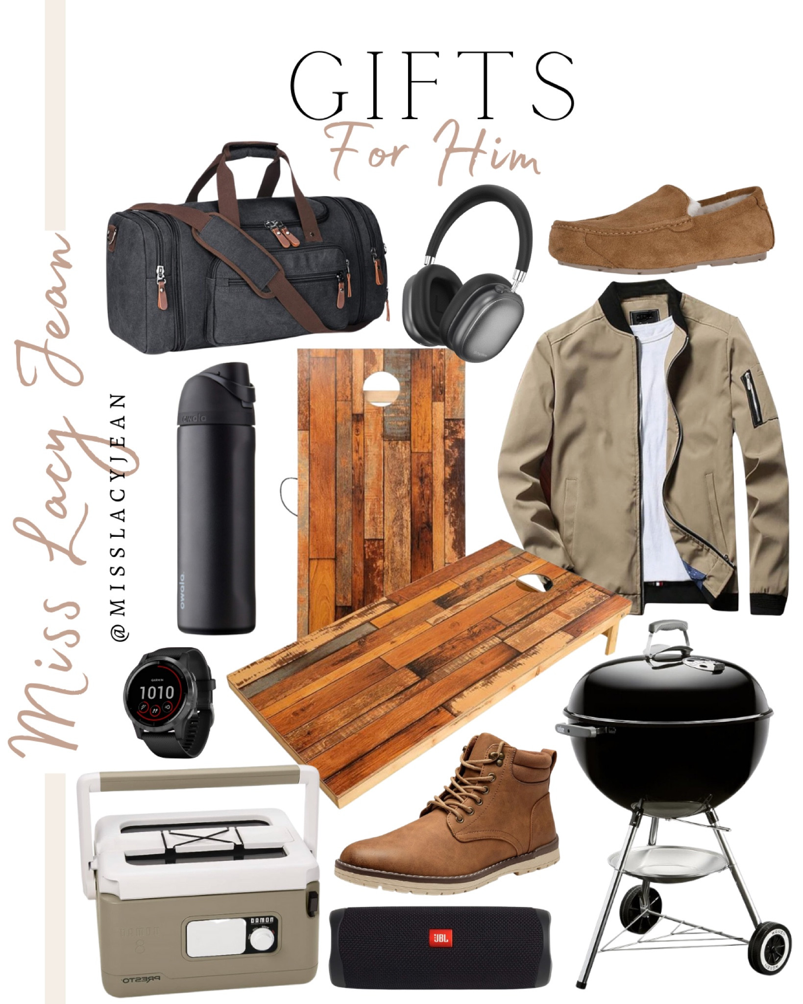 Gift guide for him includes corn hole boards, jacket, charcoal grill, boots, travel crockpot, smart watch, waterbottle, duffel bag, headphones, and slippers.

Gift guide, gifts for him, gifts for husband, gifts for dad, gifts for brother

#LTKmens #LTKGiftGuide #LTKHoliday