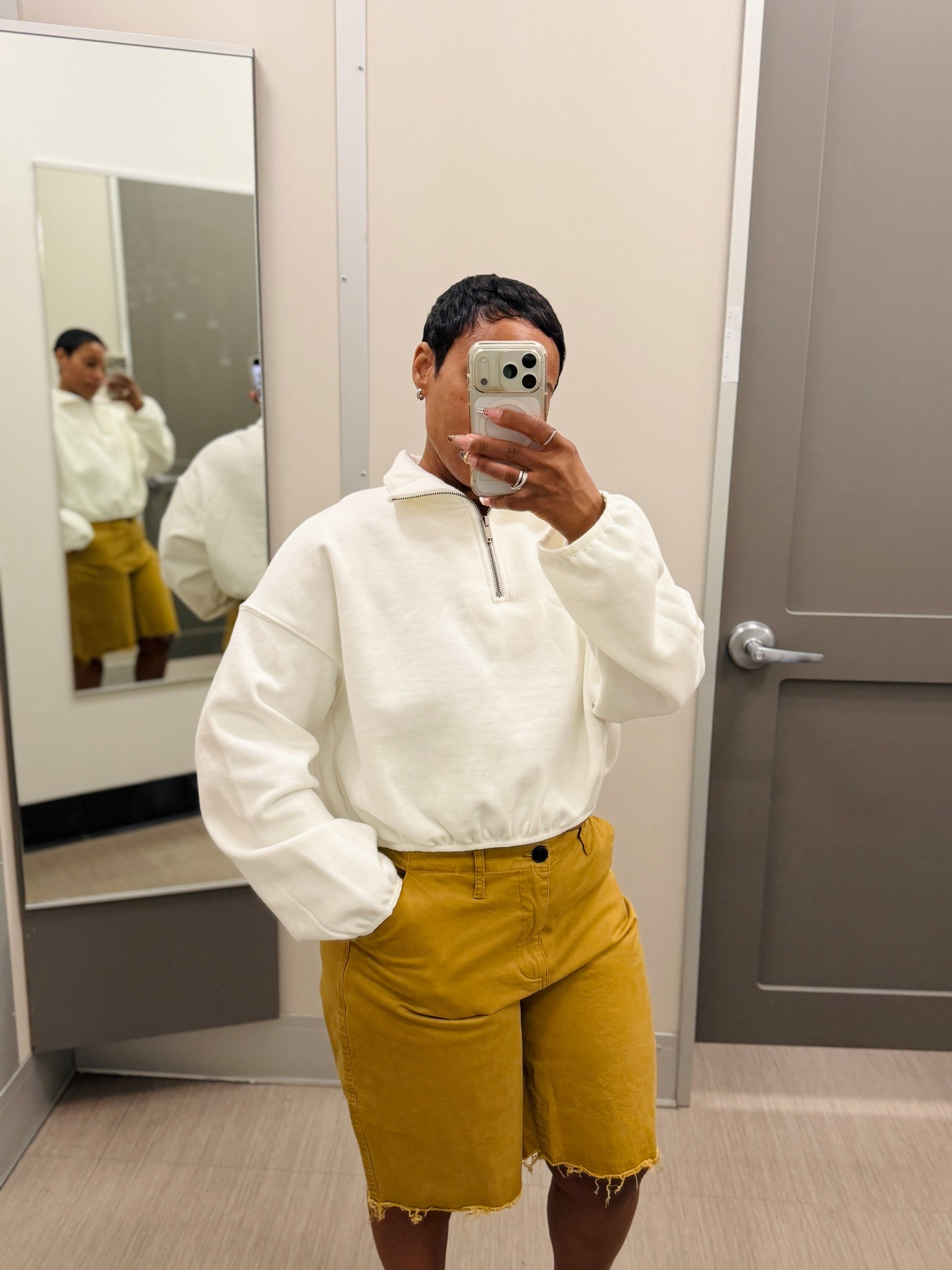 Wearing a size small in the Bermuda shorts. I did have to tighten them on the sides and I possibly could’ve tried on a size Xs since they run big. Love the color, they also had a Jean option and camo option. Not too sure how I feel about them yet. I do love the length also.

Wearing a size small in the pullover sweater. 

#LTKootd #LTKSeasonal #LTKPetite