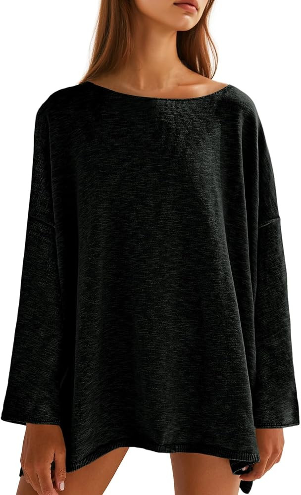 Tankaneo Womens Long Sleeve Shirts Oversized Lightweight Sweaters Crewneck Side Slit Hem Casual B... | Amazon (US)