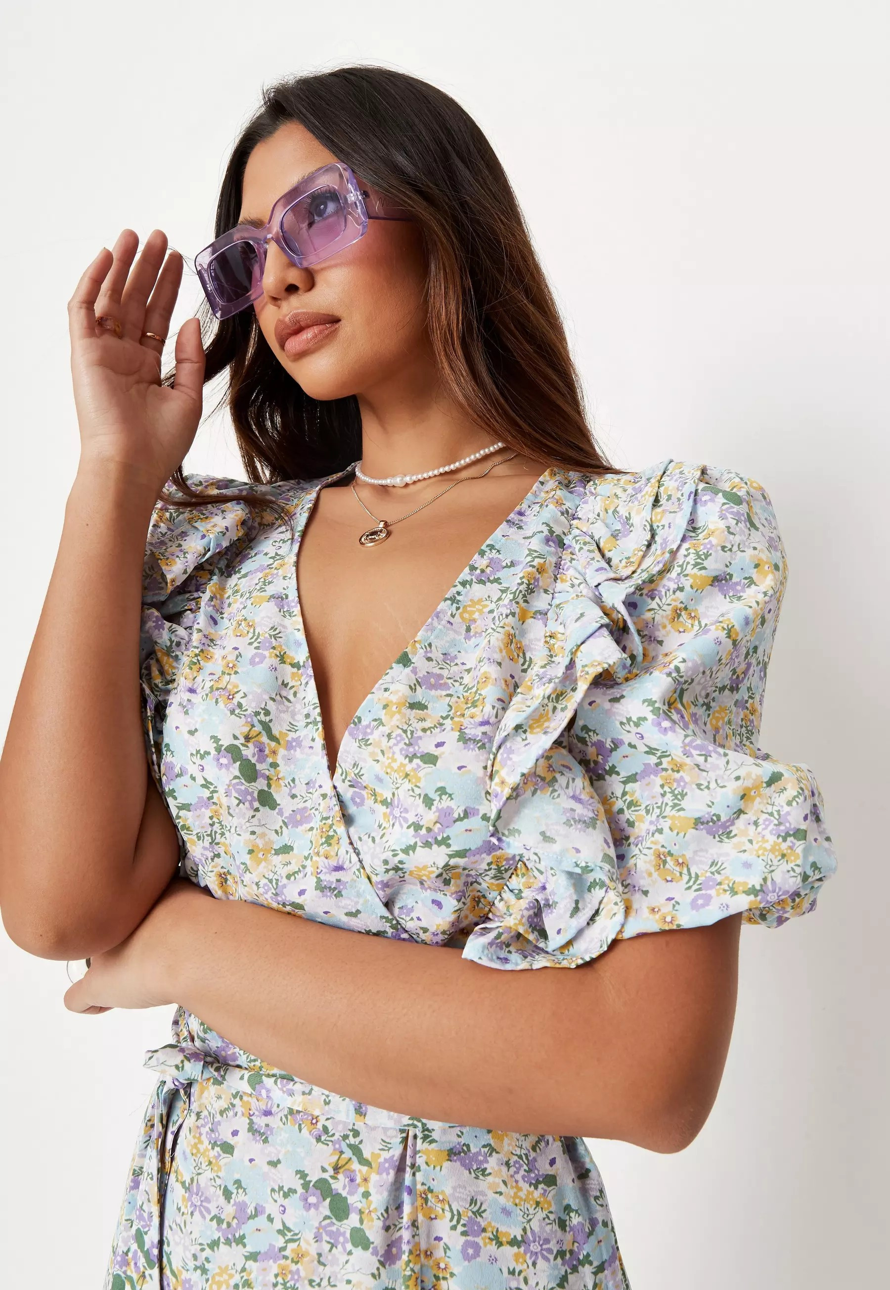 Missguided - Lilac Floral Print Ruffle Wrap Mini Dress | Missguided (UK & IE)
