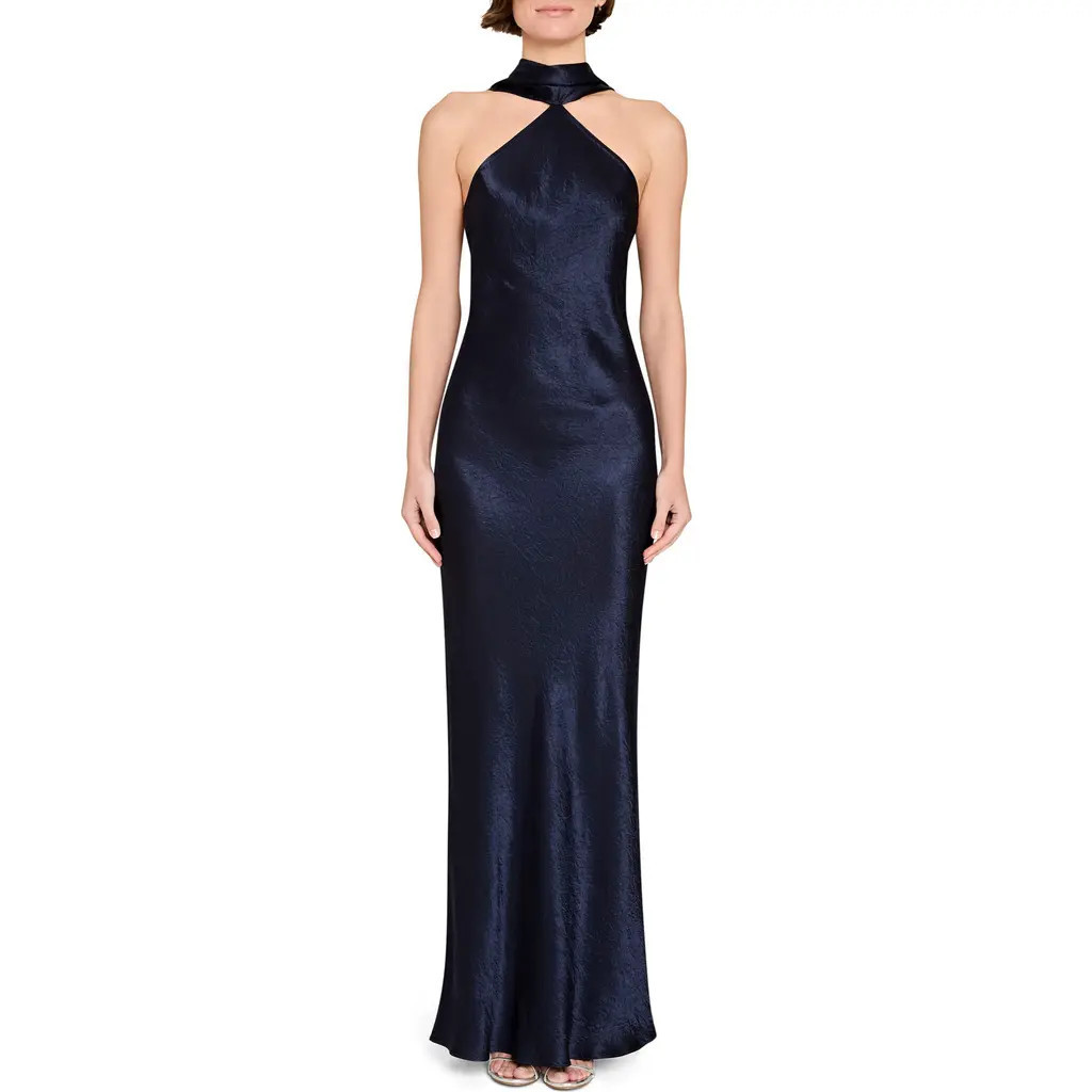 Amanda Uprichard Ashton Drape Satin Gown in Navy at Nordstrom, Size X-Large | Nordstrom