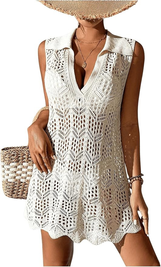 Verdusa Women's Hollow Out Crochet Cover Up Dress Sleeveless V Neck Swimsuit Coverup | Amazon (US)