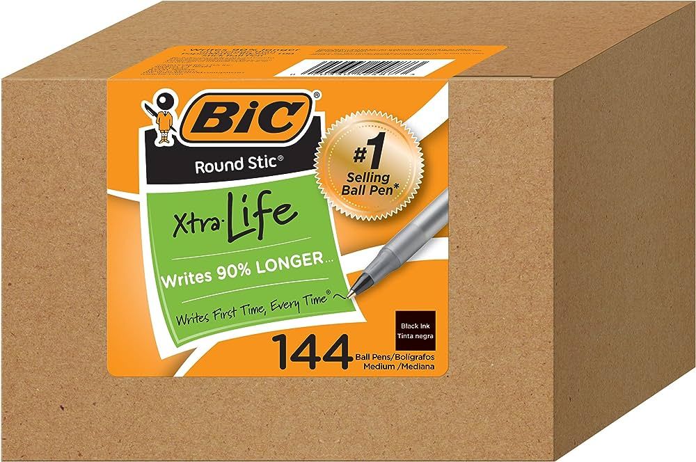 BIC Round Stic Xtra Life Ballpoint Ink Pens, Medium Point (1.0mm), Black Pens, Flexible Round Bar... | Amazon (US)