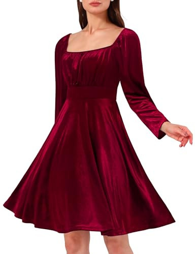 Wedtrend Women's Red Velvet Dress Suqare Neck Wedding Duest Dress Long Sleeve Semi Formal Dresses A-Line Swing Cocktail Party Dresses WTSR004DarkRedL | Amazon (US)