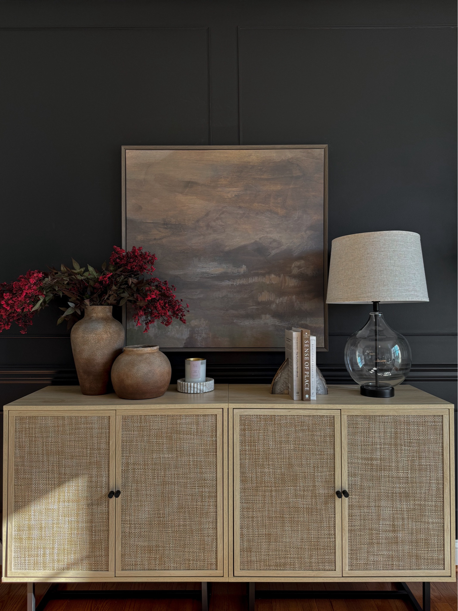 Sideboard decor, moody decor, fall decor, fall stems, console table decor, table lamp, canvas wall art, cabinet decor, shelf decor, dining room decorr

#LTKHome