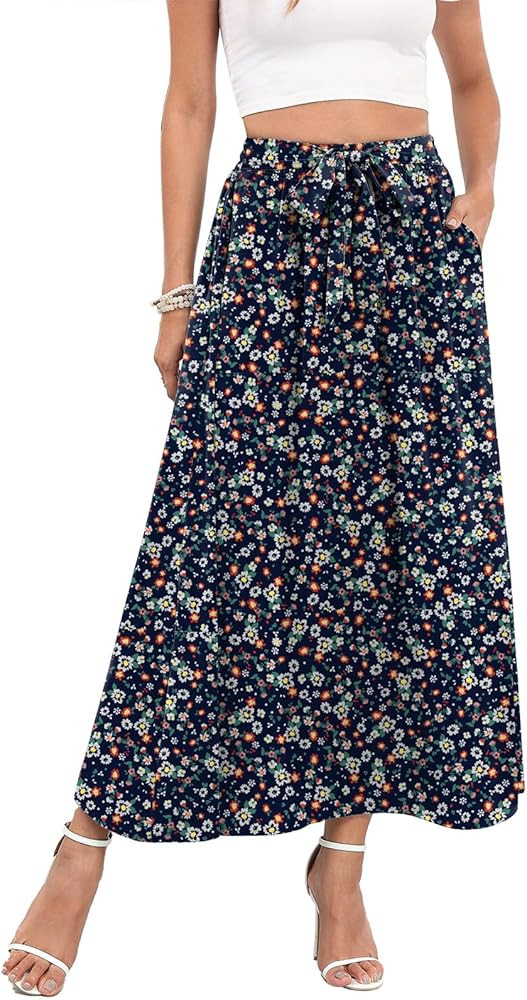 Askyes Womens Maxi Skirt Summer Trendy Tie Knot Elastic High Waisted Boho Casual Beach Flowy Swin... | Amazon (US)