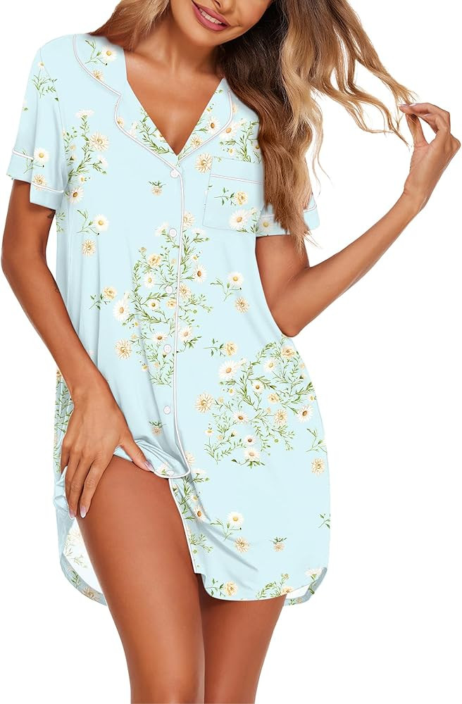 Ekouaer Nightgowns for Women Button Down Sleepshirt Short Sleeve Nightshirt Boyfriend Pajamas V N... | Amazon (US)