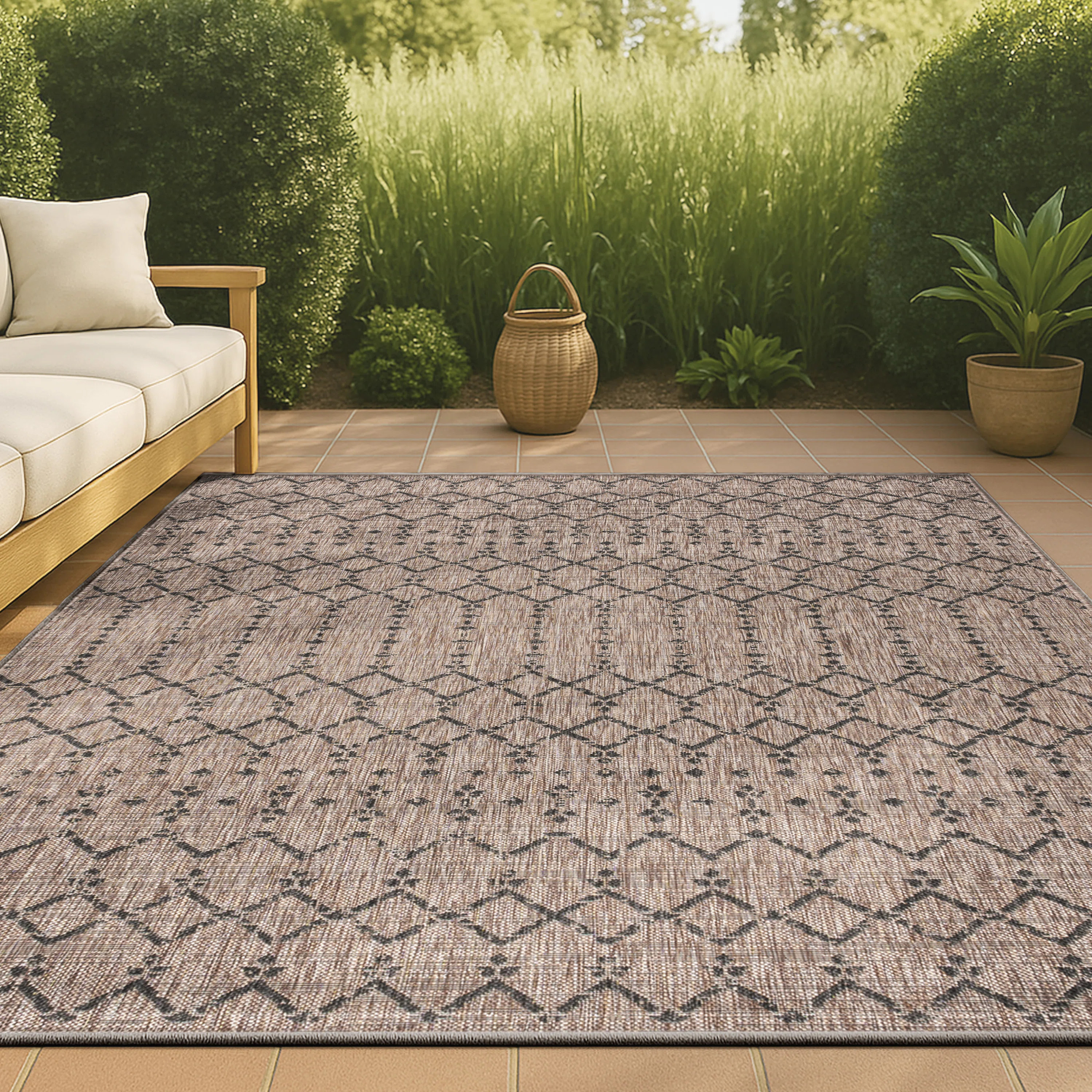 Langley Street Crompton Moroccan Geometric Textured Weave Natural/Black Indoor/Outdoor Rug & Revi... | Wayfair North America