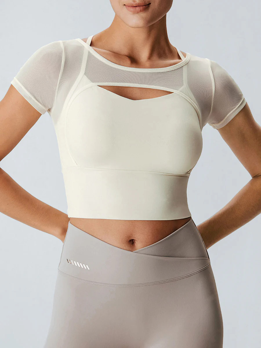 Cut Out Short Sleeve Top--Light Support & Reviews - Cream - Sustainable Yoga Tops | BERLOOK | BERLOOK