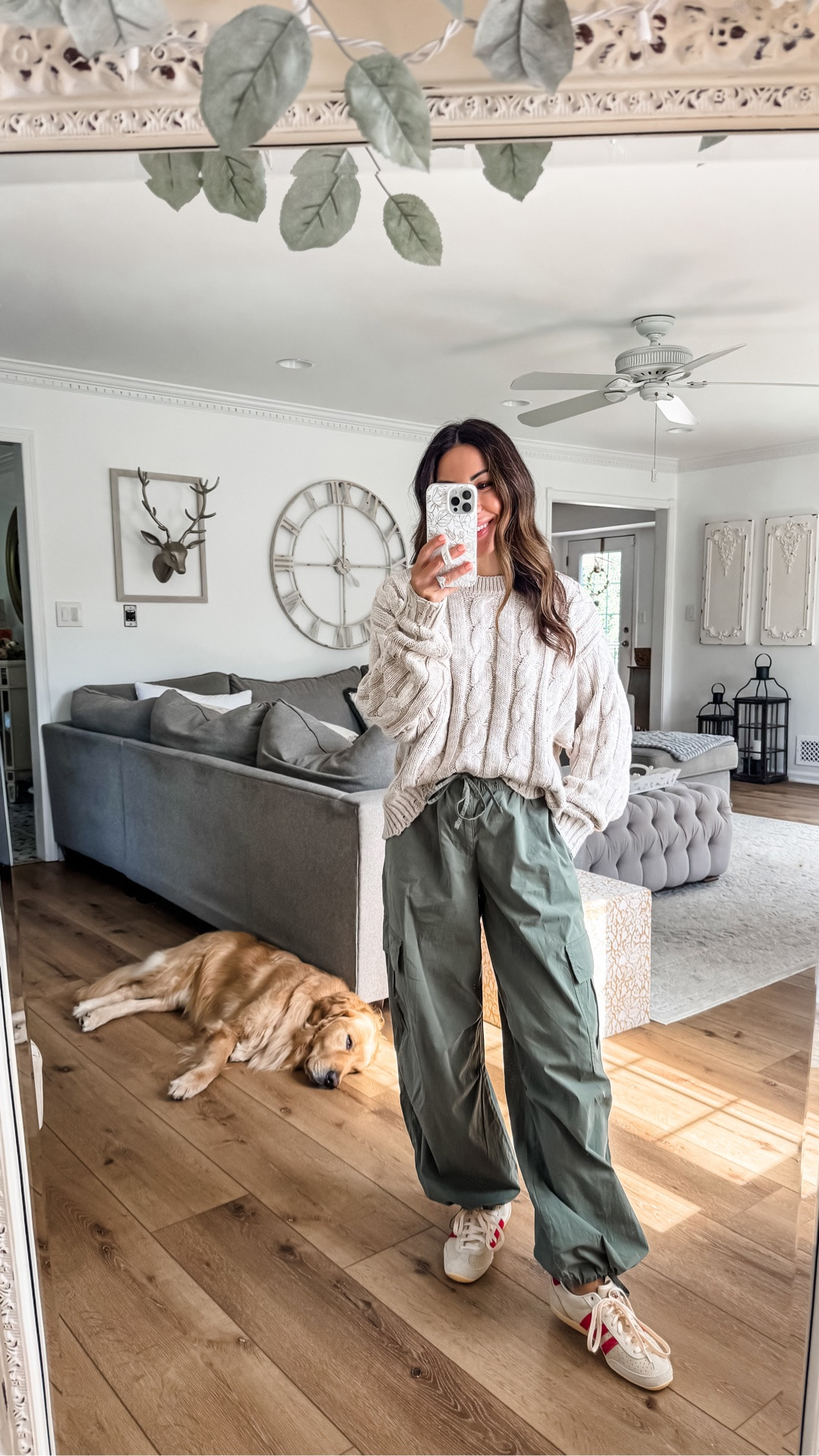 Cargo pants XS. Cable knit sweater small.

#LTKOver40 #LTKPetite #LTKSaleAlert