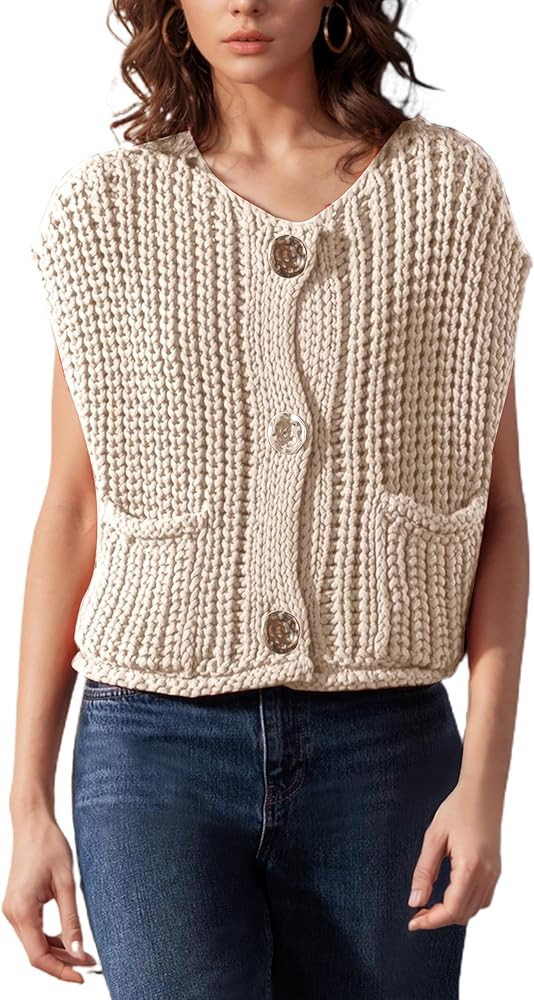 Womens Casual Chunky Knit Vest Gold Button Down Crop Crochet Sleeveless Sweater Vest | Amazon (US)