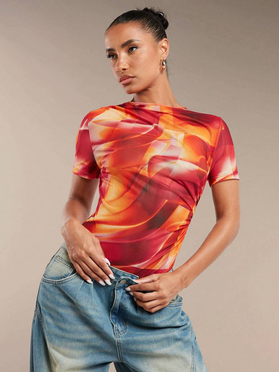 SHEIN BAE Iridescent Printed Asymmetrical Off-Shoulder Ruched Short Sleeve Bodycon Bodysuit | SHEIN