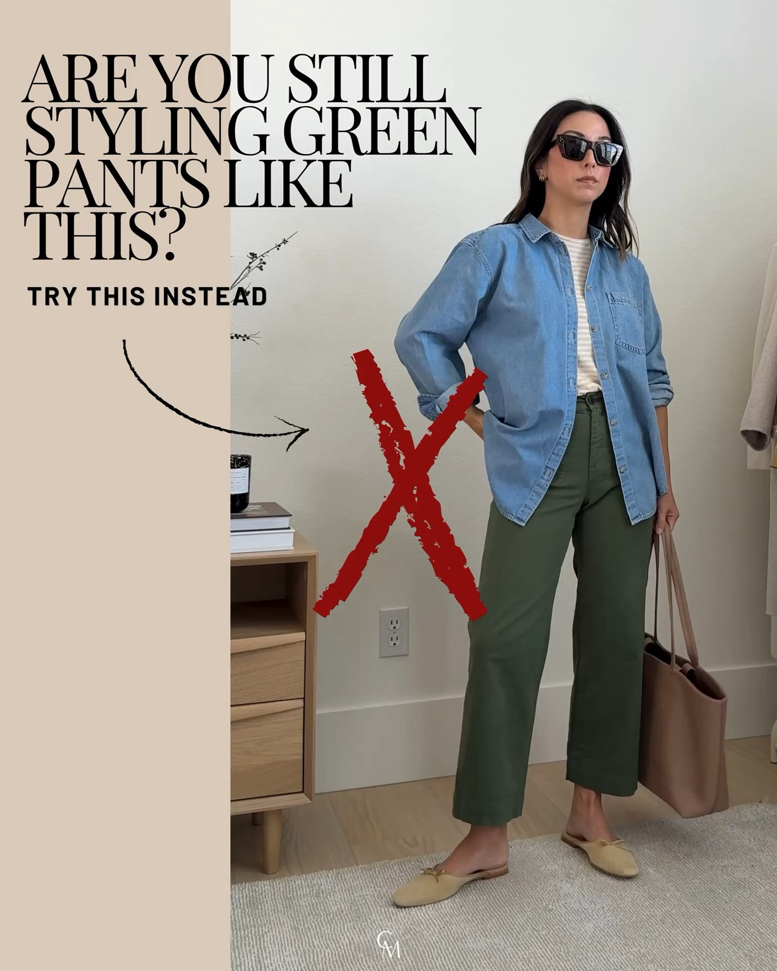 Green pants are one of those pieces that feel so much better with a few small styling shifts. Better proportions, richer tones, and a little structure go a long way.

Look 1:
Tuckernuck top medium - could also wear the small 
Le Jean utility barrel 25 
Everlane sandals 5 
Amazon tote 
YSL sunglasses 
Quince earrings 
Dorsey James necklace 15"

Look 2: 
Le Jean barrels 25 
Amazon top small 
Black suede Studio sandals 35 
J.crew bucket bag 
Dorsey James necklace 15” 
Electric Picks earrings 
Le Specs sunglasses

Look 3: 
Zara top small 
Pistola cargo pants 25 petite. But could wear the petite 24 
Black Suede studio sandals 35 
Dragon Diffusion Santa Croce bag small 
Celine sunglasses 
Dorsey James necklace 15” 
Dorsey Maxwell earrings

Look 4: 
Le Bop linen shirt small 
Pistola pants petite 25 - regular is petite-friendly as well 
Tkees phoebe sandals 5 
Aritzia tote - sold out, linked similar
Celine sunglasses 
Dorsey James necklace 15” 
Electric Picks earrings

Look 5: 
Aritzia sweater xs 
Everlane box cut tee medium 
Pistola cargo pants petite 25 - could wear the petite 24 
Tkees phoebe sandals 5 
Aritzia tote - linked similar
Polo Ralph Lauren hat - linked similar
Electric Picks earrings 
Dorsey James necklace 15”

Look 6:
Gap gauze tank small 
Le Jean barrels 25 
Beek sandals 5 
The Row n/s tote medium - linked similar
Dorsey James necklace 15” 
Electric Picks earrings 
Le specs sunglasses

#LTKmomlife #LTKPetite