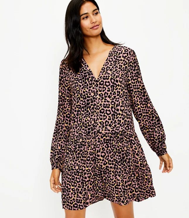 Leopard Print Button Tiered Swing Dress | LOFT