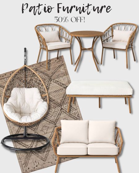 Patio furniture 50% off!! This is the set I have from last year and we LOVE it! #patio #patiofurniture #patiosale #outdoorrug #wickerfurniture #outdoorfurniture #eggchair 