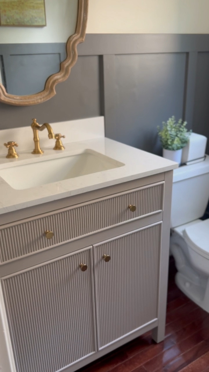 Sherwin Williams Peppercorn paint color 

Wallpaper: OnDecor (can’t link here but added to my highlights on Instagram)

Bathroom renovation / powder bathroom design / before and after / accent wall color 

#LTKHome