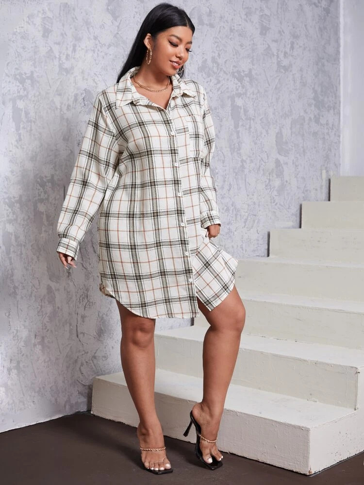 Plus Plaid Print Button Up Shirt Dress | SHEIN