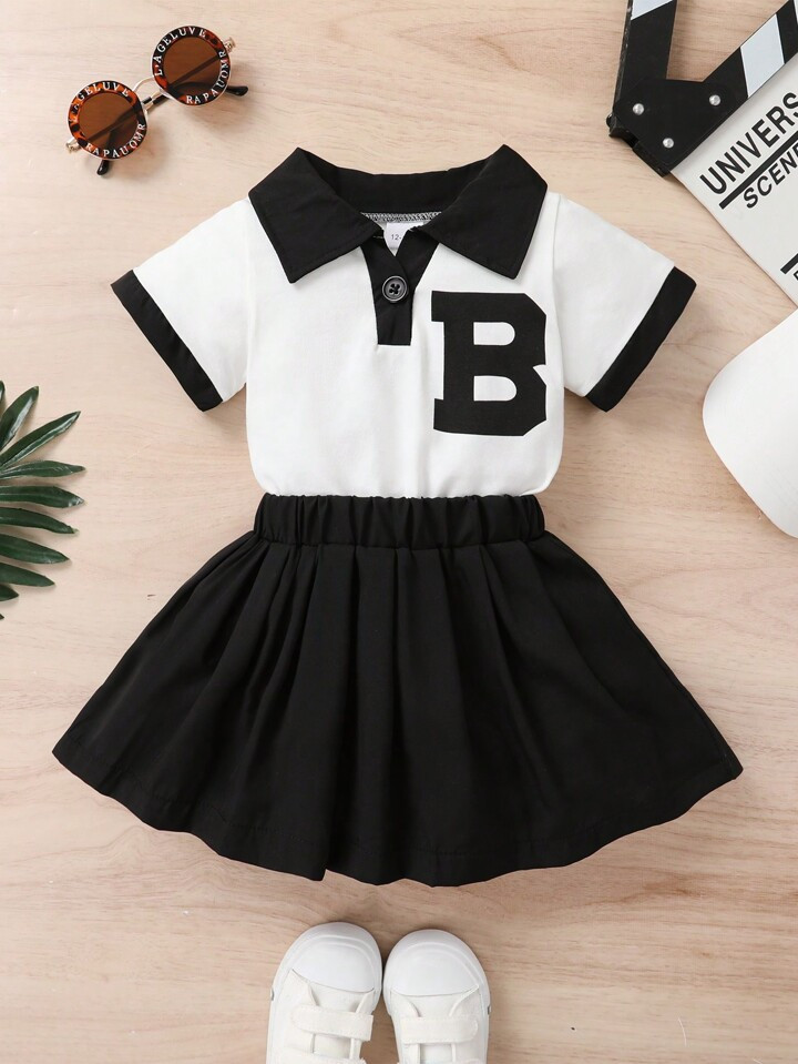 2pcs Young Girl Summer Party/Casual Collared Half-Buttoned Top And Pleated Skirt Set With Letter ... | SHEIN