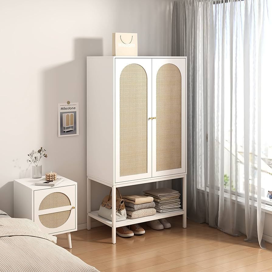 QEIUZON Wardrobe Closet, Rattan Freestanding Wardrobe Cabinet with Storage Cubes & Hanging Rod, B... | Amazon (US)