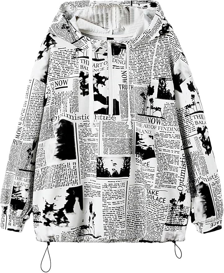 WDIRARA Women's Newspaper Print Drawstring Hoodie Drop Shoulder Long Sleeve Pullover Hooded Sweat... | Amazon (US)
