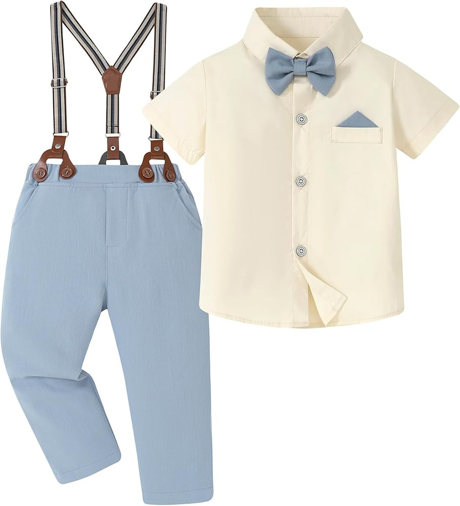 Toddler Boys Semi Formal Outfit 3pcs Sets Short Dress Shirt Suspender Pants Bow Tie for 1-5 Years | Amazon (US)