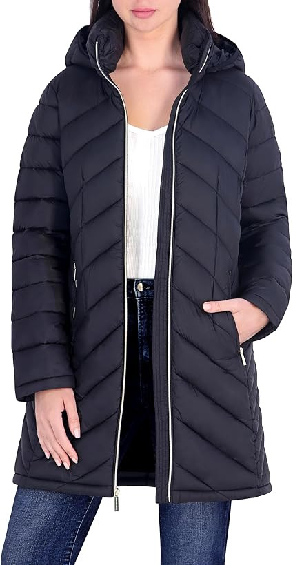 Michael Kors Women's Long Lightweight Packable Puffer Jacket With Hood | Amazon (US)