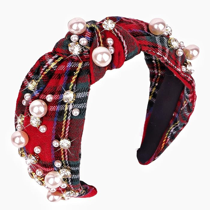 Knotted Headband Womens Plaid Pearl Headband Red Tartan Fabric Padded Hair Band with Rhinestone E... | Amazon (US)