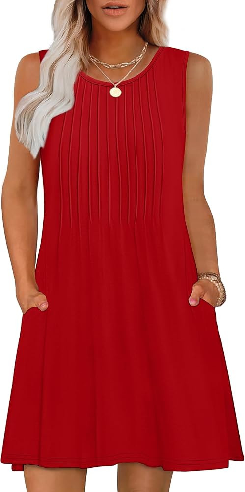 OFEEFAN Summer Dresses for Women 2025 Loose Beach Vacation Casual Crew Neck Sleeveless Sundresses... | Amazon (US)