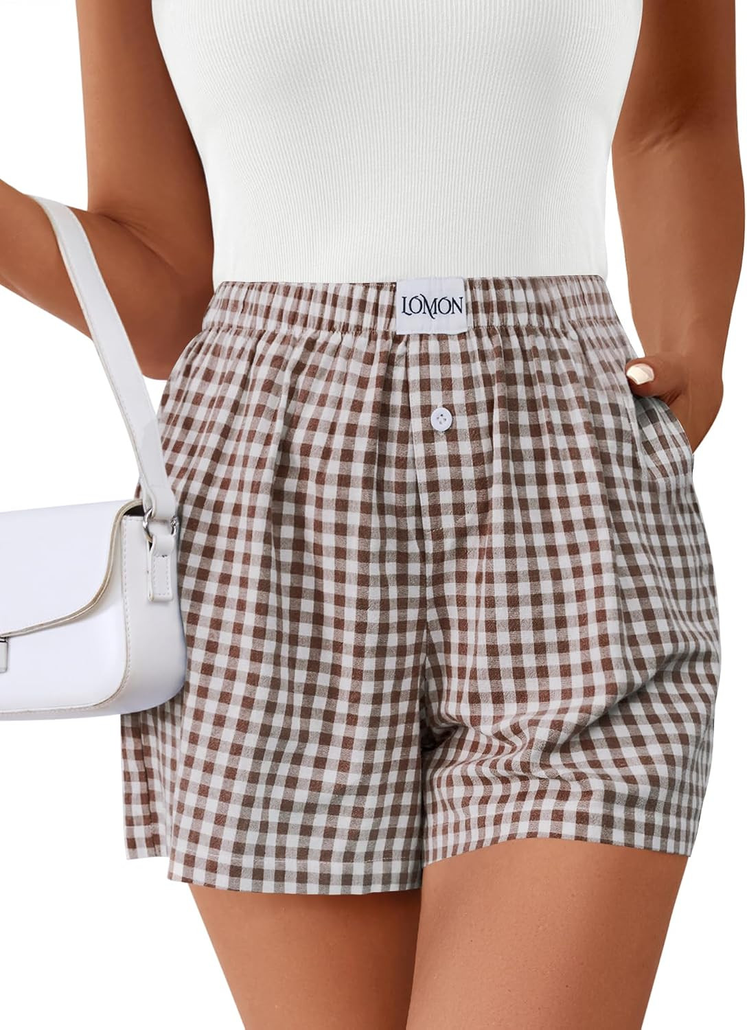 LOMON Boxer Shorts for Women Summer Y2K Gingham Striped Pajama with Pockets | Amazon (US)