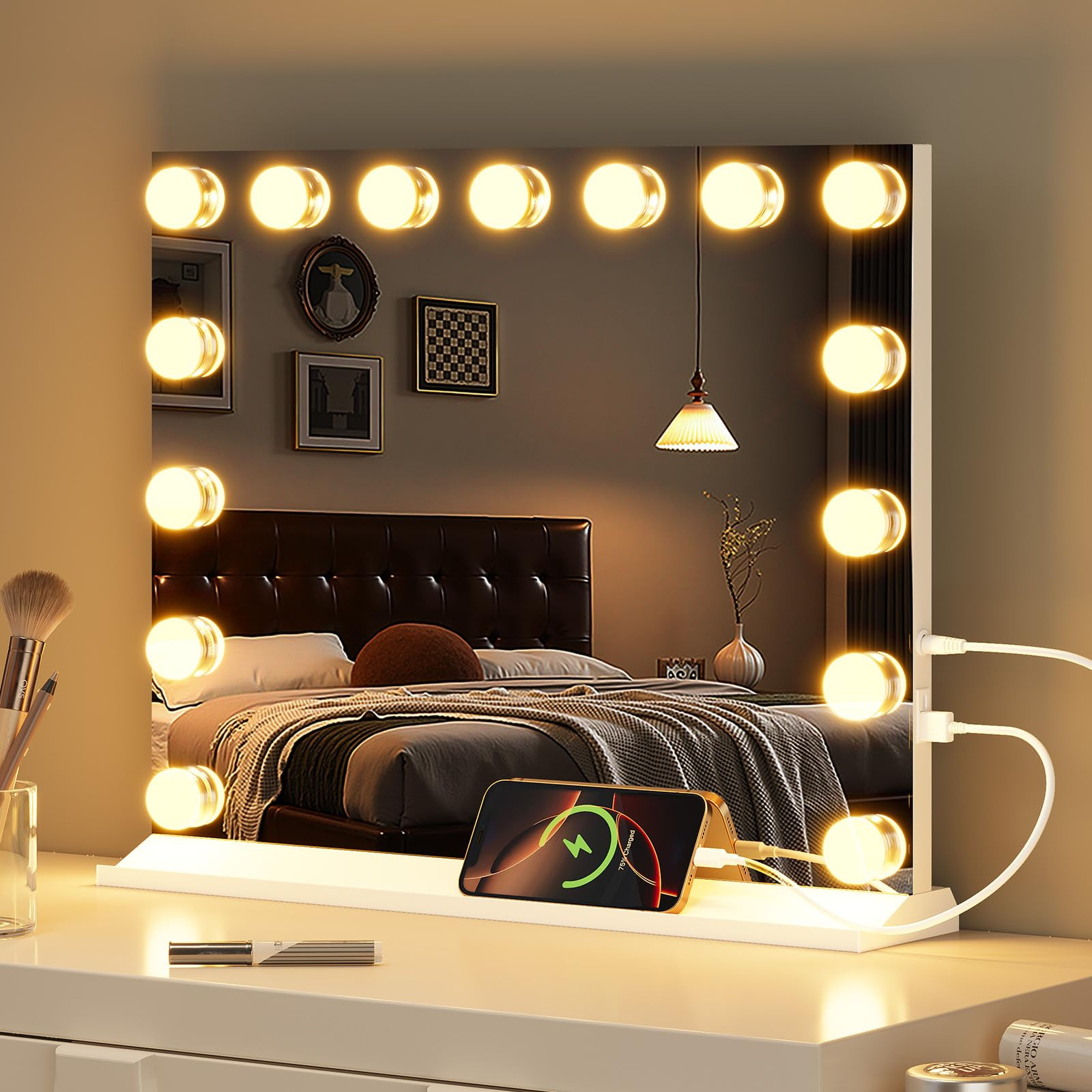 Vanity Mirror with Lights, Makeup Mirror with USB/Type-C Charging, Large Hollywood Mirrors w/ 15 ... | Amazon (US)