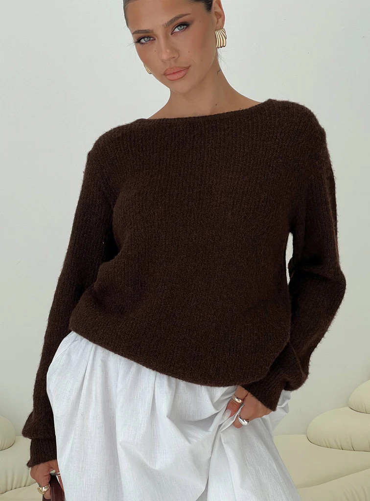 Abrams Rib Knit Crew Sweater Chocolate Marle | Princess Polly US